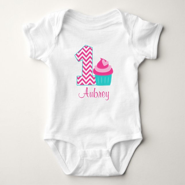 Pink Teal Cupcake 1st Birthday Personalized Baby Bodysuit (Front)