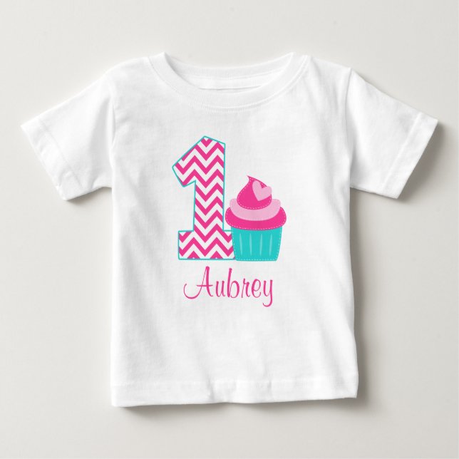 Pink Teal Cupcake 1st Birthday Personalized Baby T-Shirt (Front)