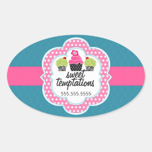 Pink Teal Cupcake Bakery Business Oval Sticker