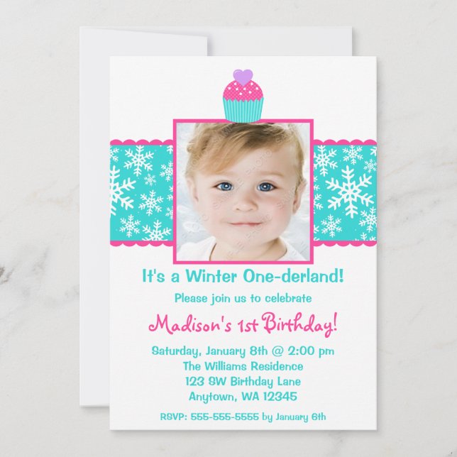 Pink Teal Cupcake Snowflake Birthday Girl Photo Invitation (Front)