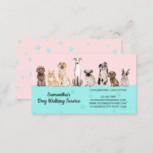 Pink Teal Cute Paws Watercolor Dogs Business Card