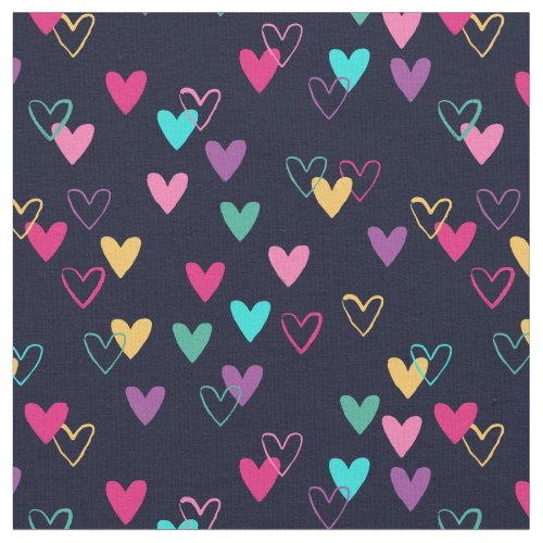 Pink Teal Dark Blue Heart Doodles Fabric