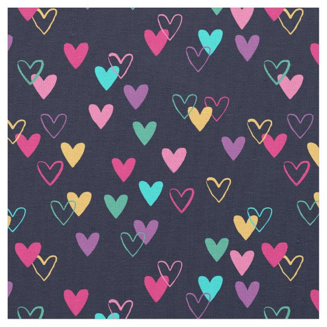 Pink Teal Dark Blue Heart Doodles Fabric (Close Up)