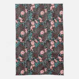Pink & Teal Dark Floral Pattern Kitchen Towel