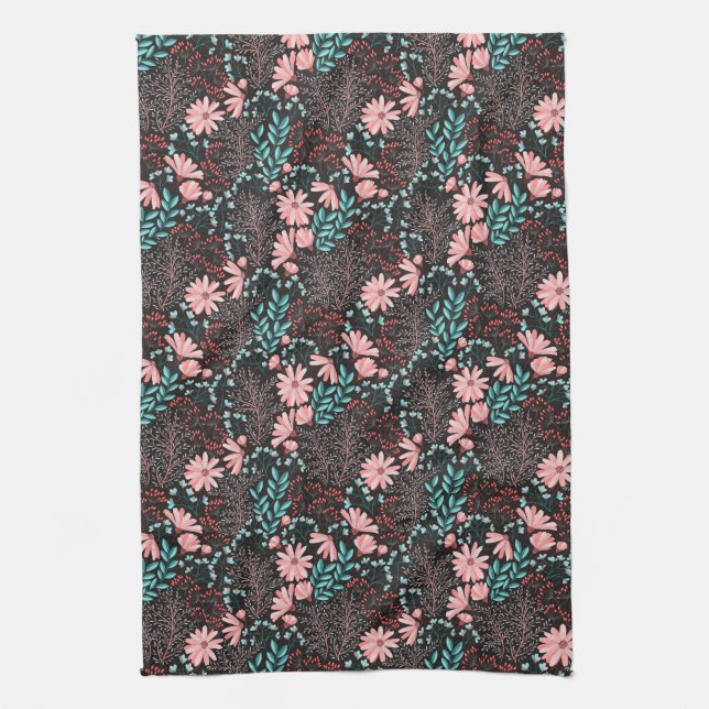 Pink & Teal Dark Floral Pattern Kitchen Towel (Vertical)