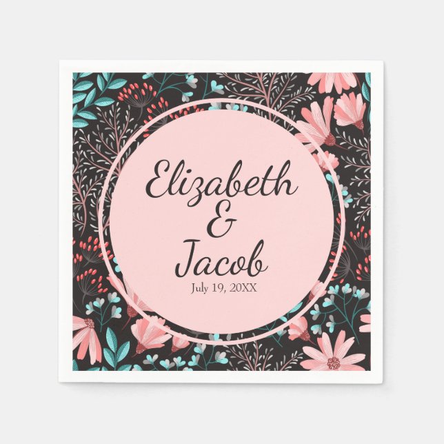 Pink & Teal Dark Floral Pattern Napkins (Front)