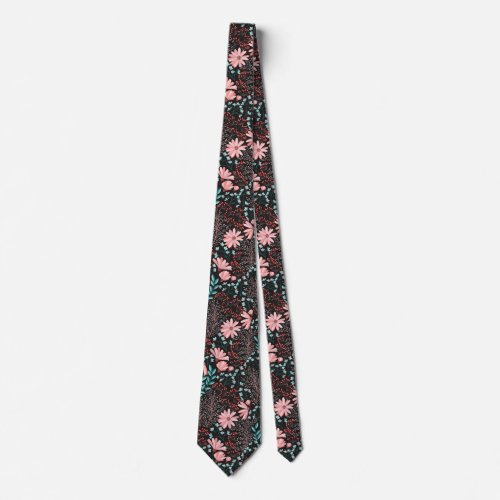 Pink  Teal Dark Floral Pattern Neck Tie