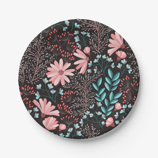 Pink & Teal Dark Floral Pattern Paper Plates (Front)