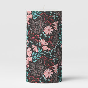 Pink & Teal Dark Floral Pattern Pillar Candle