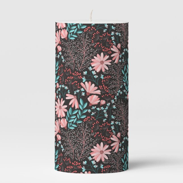 Pink & Teal Dark Floral Pattern Pillar Candle (Front)