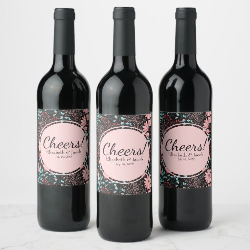 Pink  Teal Dark Floral Pattern Wine Label