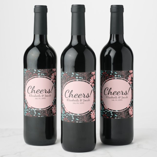 Pink & Teal Dark Floral Pattern Wine Label (Bottles)