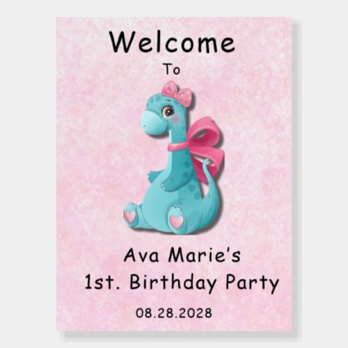  Pink Teal Dino 1st Birthday Party Welcome Sign