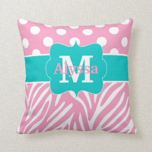 Pink Teal Dots Zebra Personalized Throw Pillow