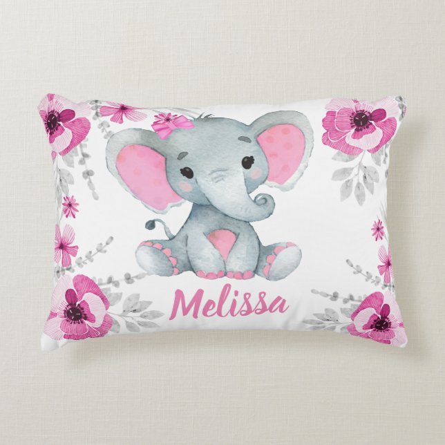 Pink teal elephant girl Custom name Pillow (Front)