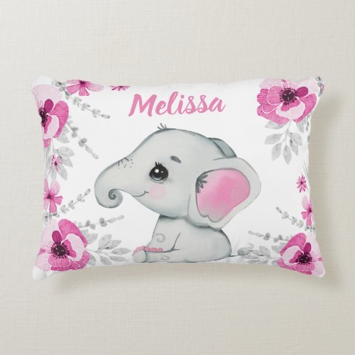 Pink teal elephant girl Custom name Pillow