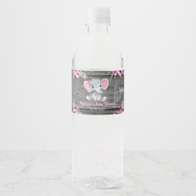 Pink Teal Elephant water bottle label for girl (Front)