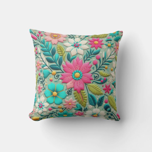 Pink Teal Embroidery Style Flower Design Throw Pillow (Front)