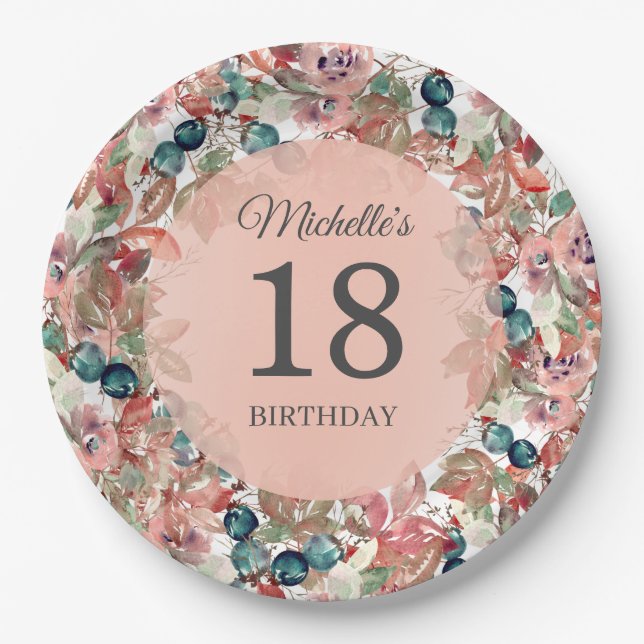 Pink Teal Floral 18th Birthday Paper Plates (Front)