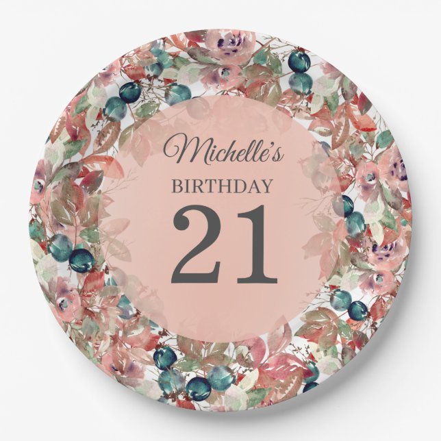 Pink Teal Floral 21st Birthday Paper Plates (Front)