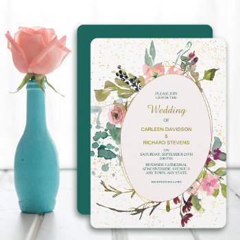 Pink Teal Floral And Gold Oval Frame Wedding Invitation by AvenueCentral at Zazzle