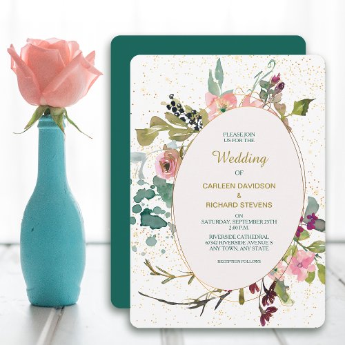 Pink Teal Floral and Gold Oval Frame Wedding Invitation