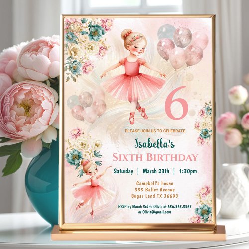 Pink Teal Floral Blond Ballerina Girl Birthday Invitation