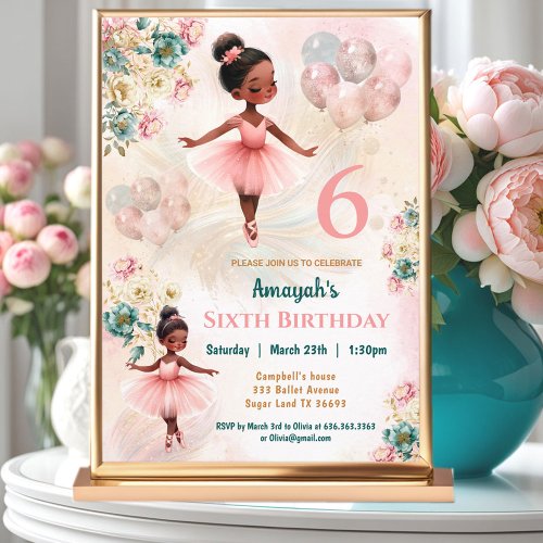 Pink Teal Floral Dark Skin Ballerina Girl Birthday Invitation