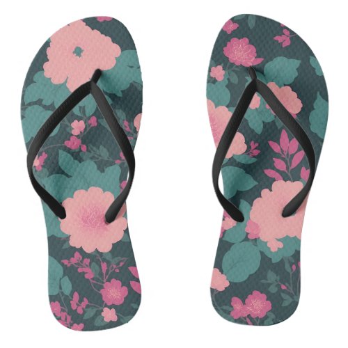 Pink  Teal Floral Design Flip Flop Sandals