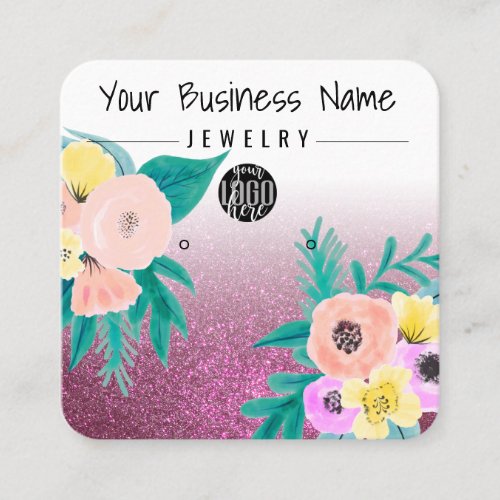 Pink Teal Floral Glitter Logo Earring Display Square Business Card