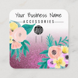 Pink Teal Floral Glitter Logo Keychain Display Square Business Card