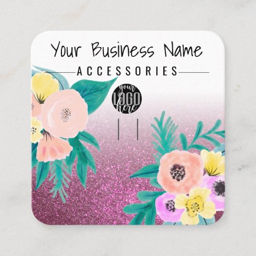 Pink Teal Floral Glitter Logo Keychain Display Square Business Card