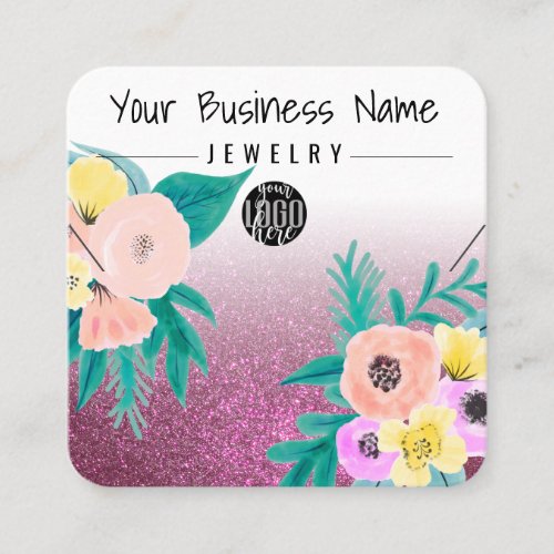 Pink Teal Floral Glitter Logo Necklace Display Square Business Card