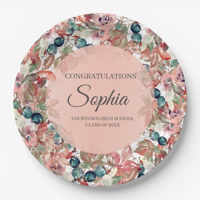 Pink Teal Floral Graduation Congratulations Paper Plates (Front)