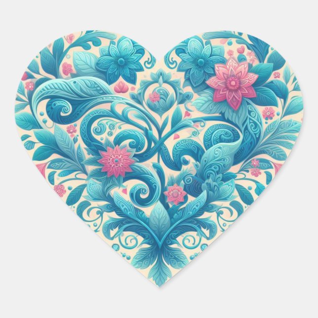 Pink & Teal Floral Heart Sticker (Front)