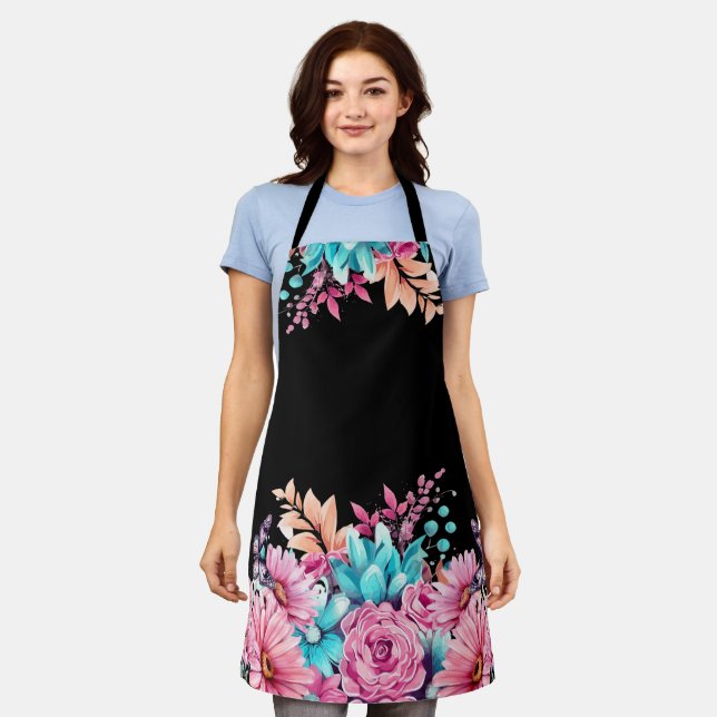 Pink & Teal Floral Medium All Over Print Apron (Worn)