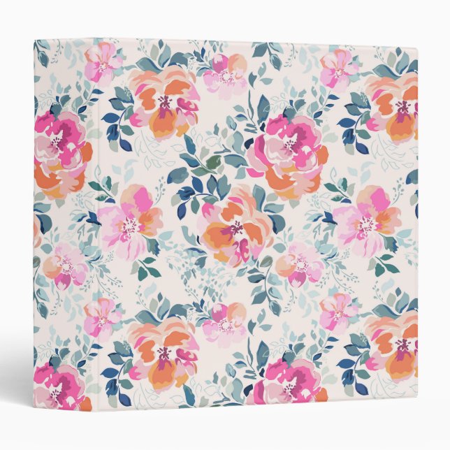 Pink & Teal Floral Pattern 3 Ring Binder (Front/Spine)