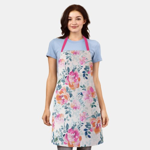 Pink  Teal Floral Pattern Apron