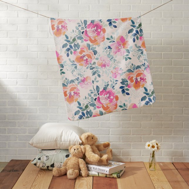 Pink & Teal Floral Pattern Baby Blanket (In Situ)