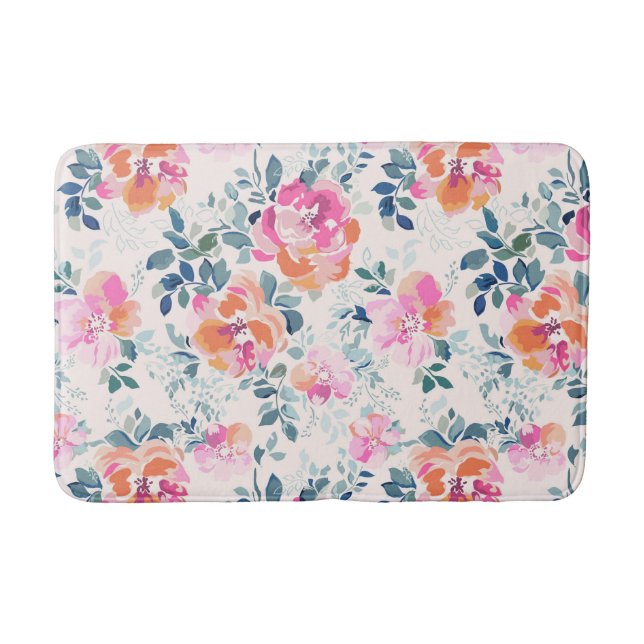 Pink & Teal Floral Pattern Bath Mat (Front)