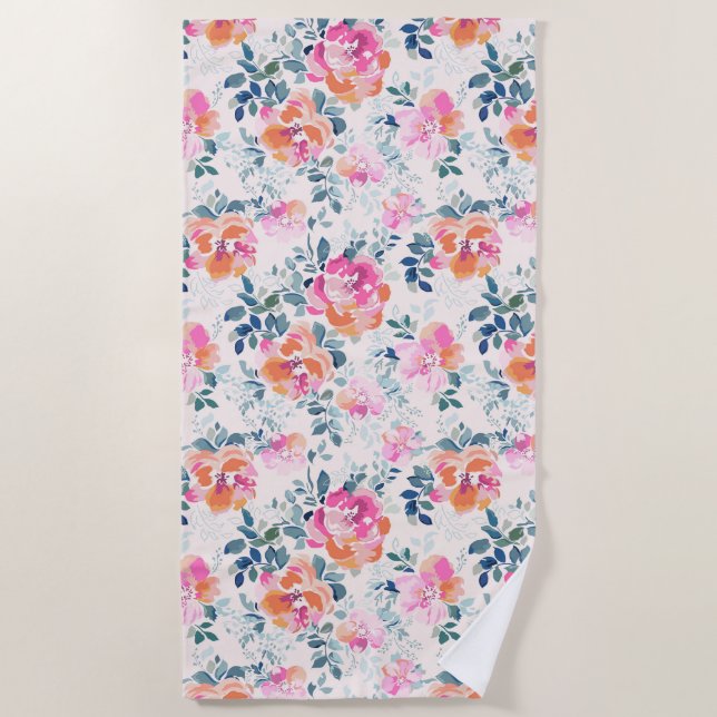 Pink & Teal Floral Pattern Beach Towel (Front)