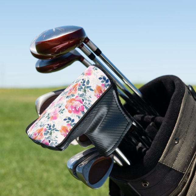 Pink & Teal Floral Pattern Golf Head Cover (In Situ)