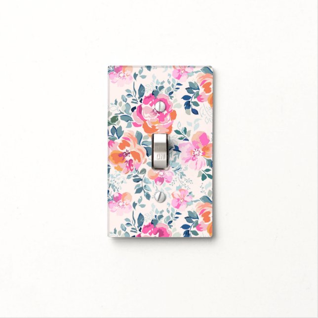 Pink & Teal Floral Pattern Light Switch Cover (In Situ)