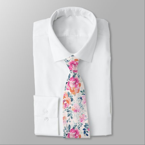 Pink  Teal Floral Pattern Neck Tie