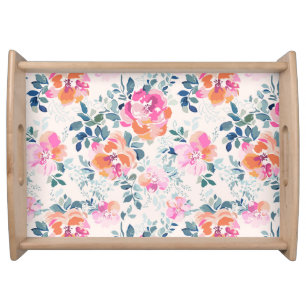 Pink & Teal Floral Pattern Serving Tray