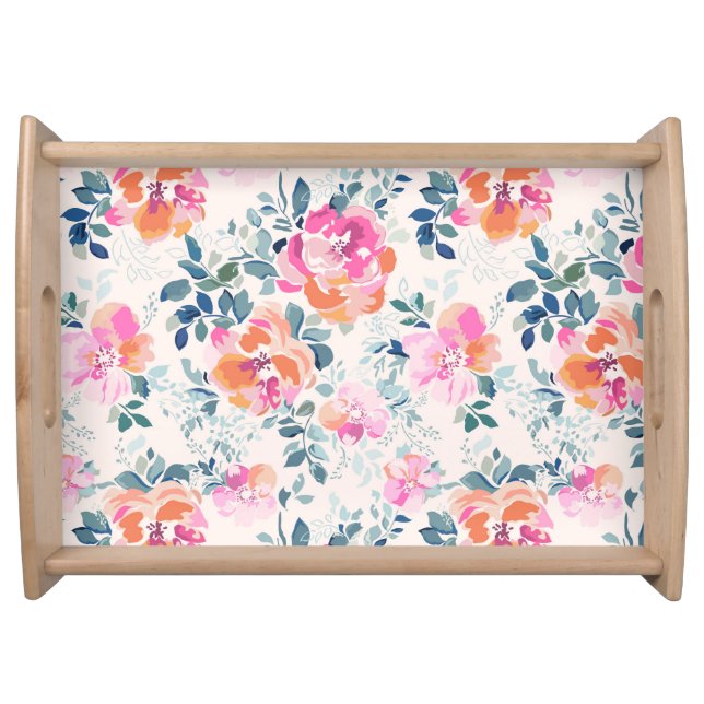 Pink & Teal Floral Pattern Serving Tray (Front)