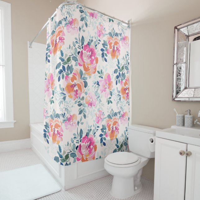 Pink & Teal Floral Pattern Shower Curtain (In Situ)