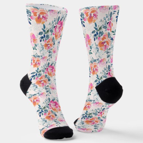 Pink  Teal Floral Pattern Socks