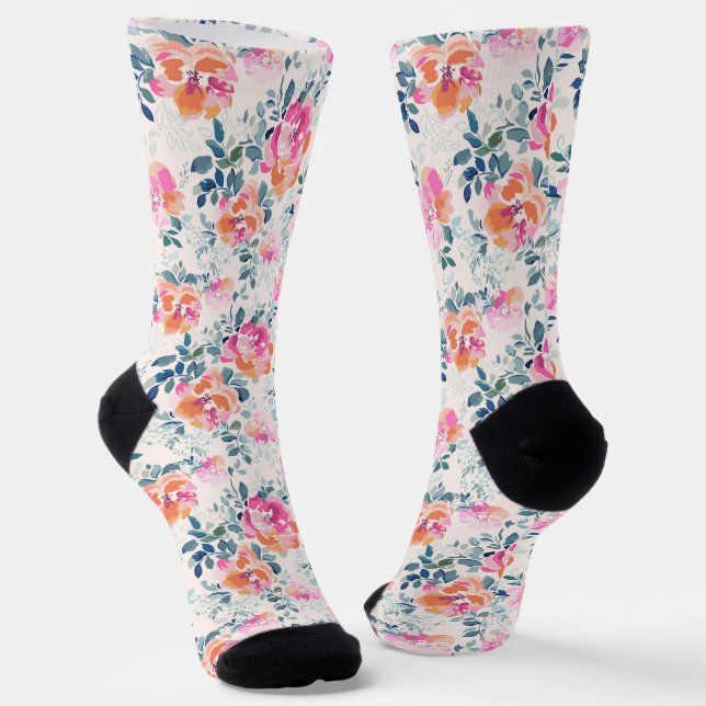Pink & Teal Floral Pattern Socks (Angled)