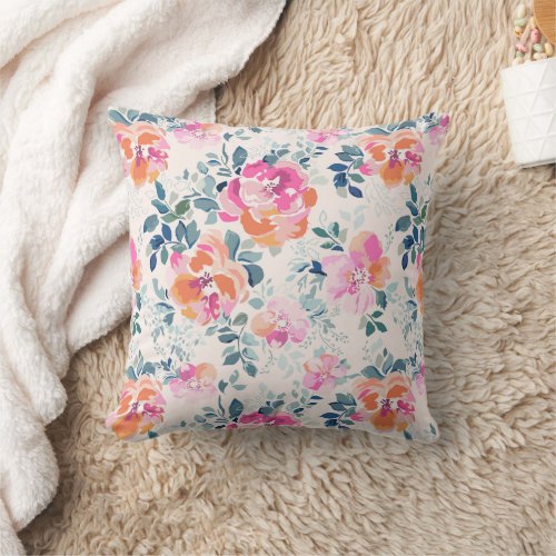 Pink  Teal Floral Pattern Throw Pillow